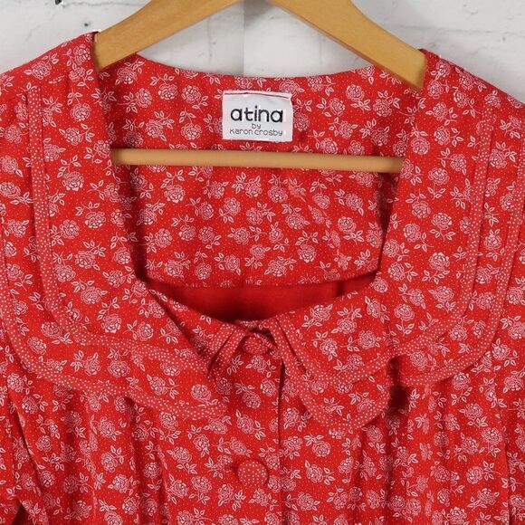 VINTAGE ATINA BY KAREN CROSBY RED FLORAL SHORT SLEEVE BUTTON DOWN MAXI DRESS - Picture 5 of 9